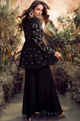Floral Embroidered Pleated Thread Work Georgette A-Line Kurti With Sharara