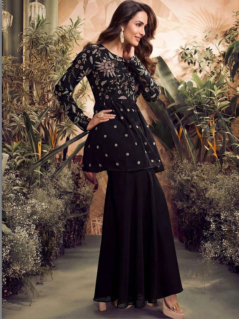 Floral Embroidered Pleated Thread Work Georgette A-Line Kurti With Sharara