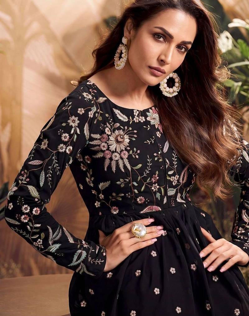 Floral Embroidered Pleated Thread Work Georgette A-Line Kurti With Sharara