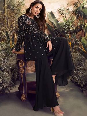 Floral Embroidered Pleated Thread Work Georgette A-Line Kurti With Sharara 6