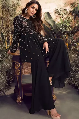 Floral Embroidered Pleated Thread Work Georgette A-Line Kurti With Sharara