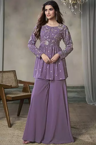 Floral Embroidered Pleated Georgette A-Line Kurta with Sharara