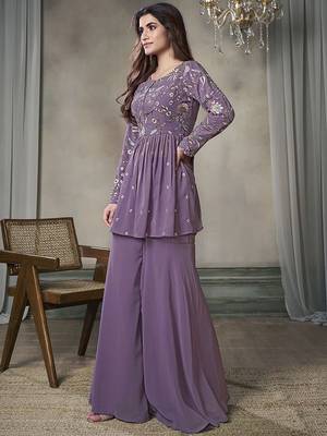 Floral Embroidered Pleated Georgette A-Line Kurta with Sharara 3