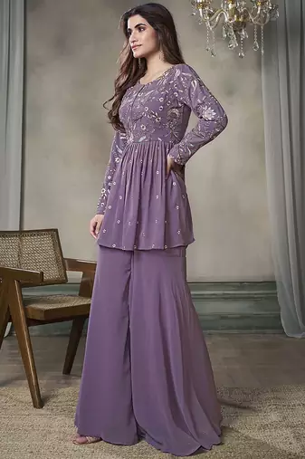 Floral Embroidered Pleated Georgette A-Line Kurta with Sharara