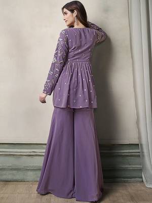 Floral Embroidered Pleated Georgette A-Line Kurta with Sharara 4