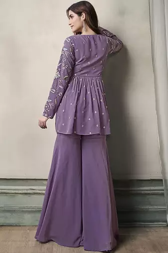 Floral Embroidered Pleated Georgette A-Line Kurta with Sharara
