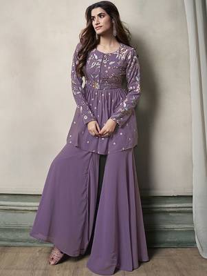 Floral Embroidered Pleated Georgette A-Line Kurta with Sharara 5