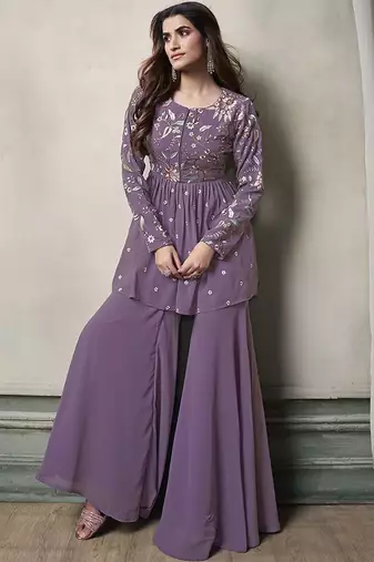 Floral Embroidered Pleated Georgette A-Line Kurta with Sharara