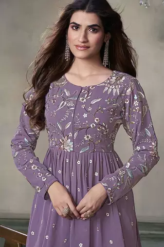 Floral Embroidered Pleated Georgette A-Line Kurta with Sharara