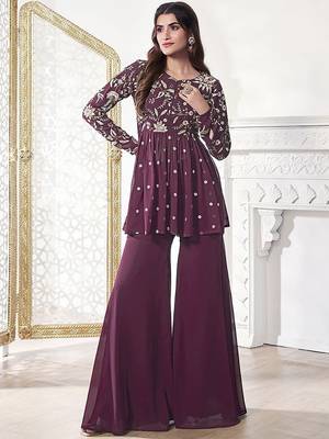 Floral Embroidered Pleated Georgette A-Line Kurta with Sharara 1