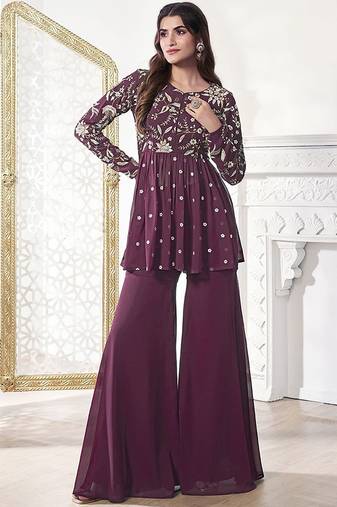 Floral Embroidered Pleated Georgette A-Line Kurta with Sharara