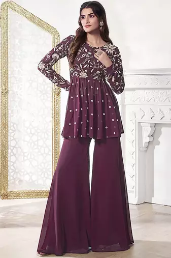 Floral Embroidered Pleated Georgette A-Line Kurta with Sharara