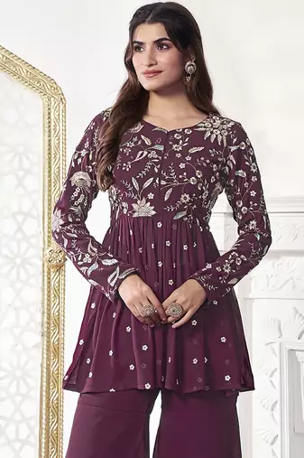 Floral Embroidered Pleated Georgette A-Line Kurta with Sharara