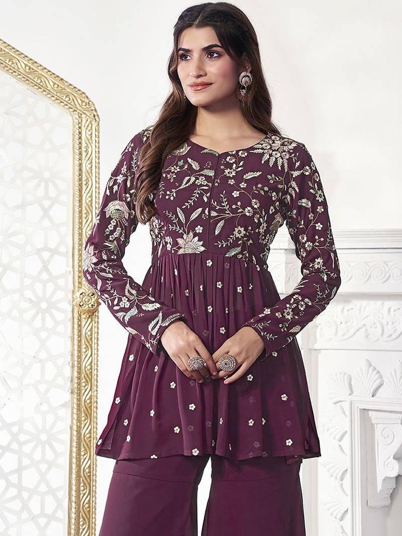 Floral Embroidered Pleated Georgette A-Line Kurta with Sharara