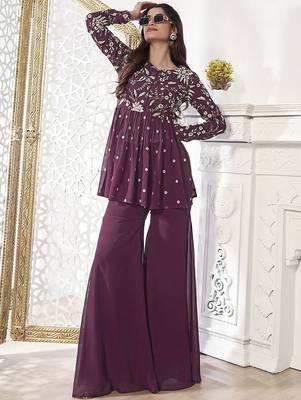 Floral Embroidered Pleated Georgette A-Line Kurta with Sharara 3