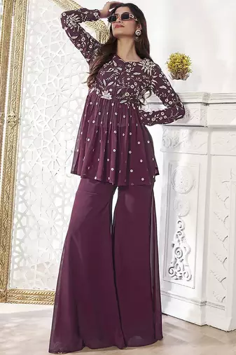 Floral Embroidered Pleated Georgette A-Line Kurta with Sharara