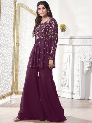 Floral Embroidered Pleated Georgette A-Line Kurta with Sharara 4