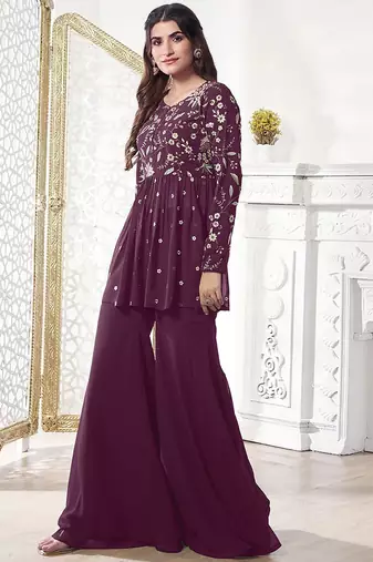 Floral Embroidered Pleated Georgette A-Line Kurta with Sharara