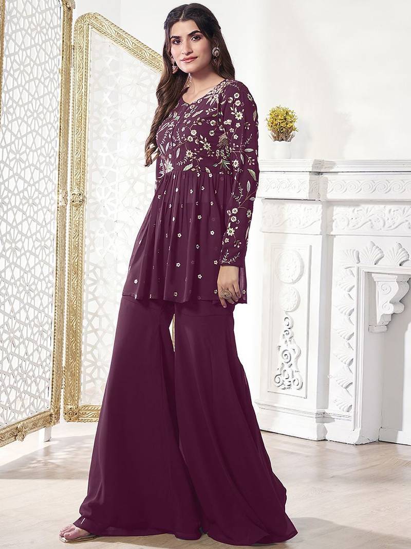 Floral Embroidered Pleated Georgette A-Line Kurta with Sharara