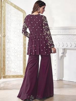 Floral Embroidered Pleated Georgette A-Line Kurta with Sharara 5