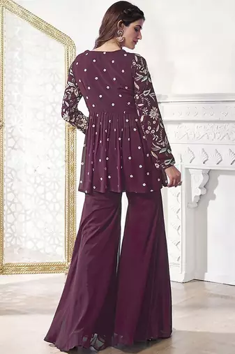 Floral Embroidered Pleated Georgette A-Line Kurta with Sharara