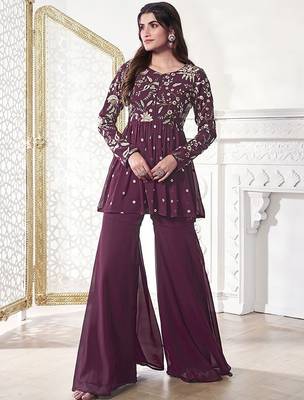 Floral Embroidered Pleated Georgette A-Line Kurta with Sharara 6