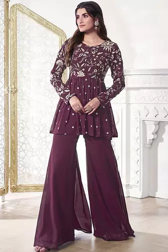 Floral Embroidered Pleated Georgette A-Line Kurta with Sharara