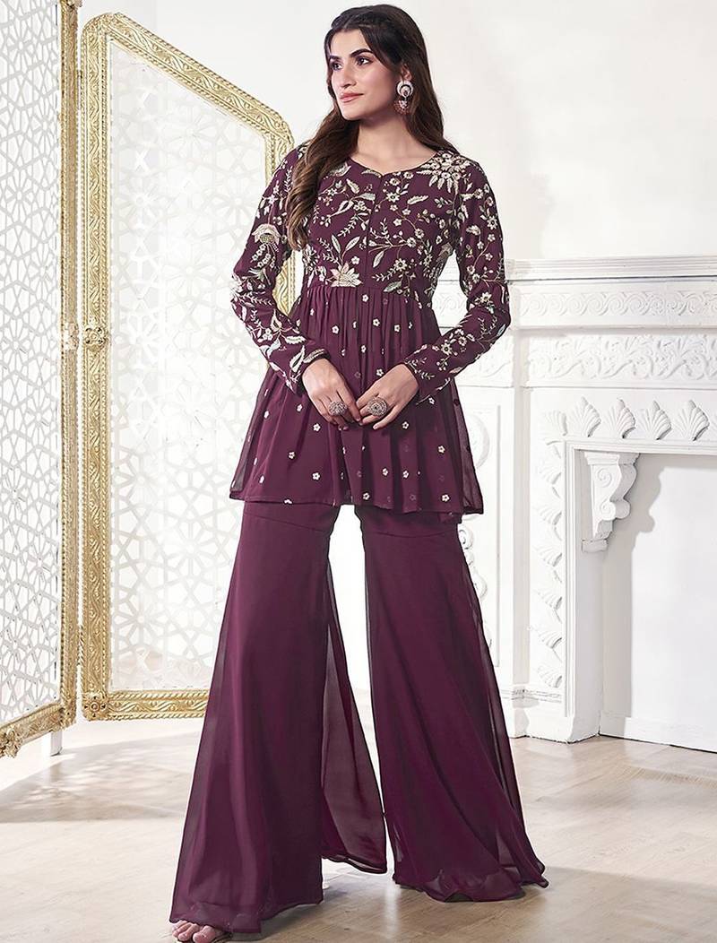 Floral Embroidered Pleated Georgette A-Line Kurta with Sharara
