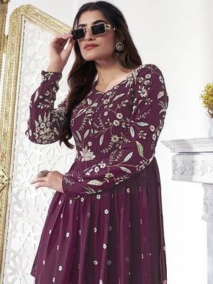 Floral Embroidered Pleated Georgette A-Line Kurta with Sharara 7