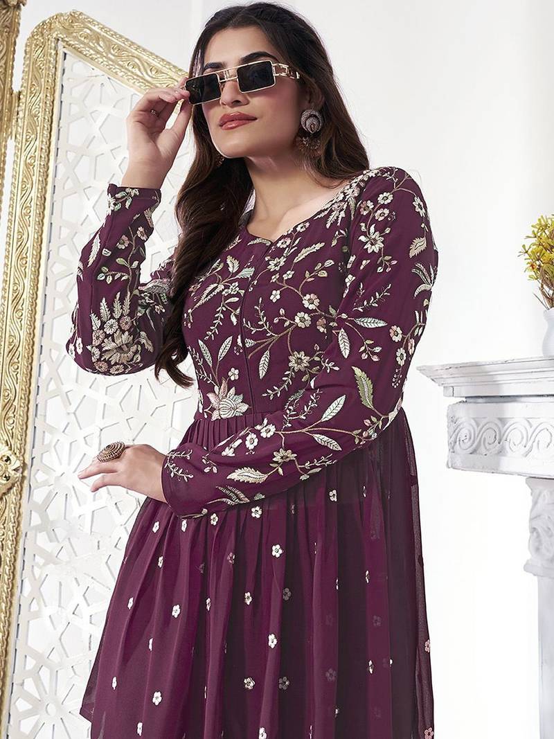 Floral Embroidered Pleated Georgette A-Line Kurta with Sharara