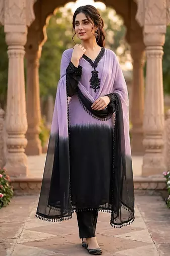 Lavender & black crepe silk beads sequence kurta pant set with dupatta