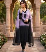 Lavender & black crepe silk beads sequence kurta pant set with dupatta