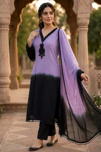 Lavender & black crepe silk beads sequence kurta pant set with dupatta