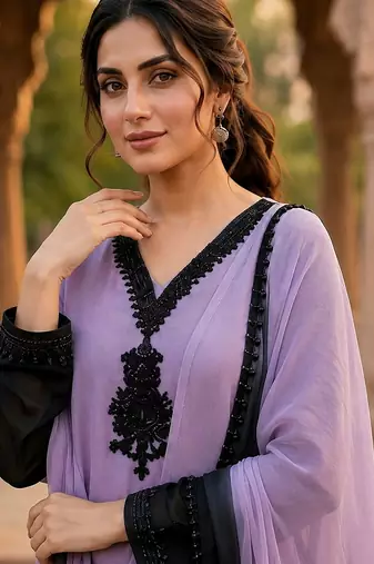 Lavender & black crepe silk beads sequence kurta pant set with dupatta