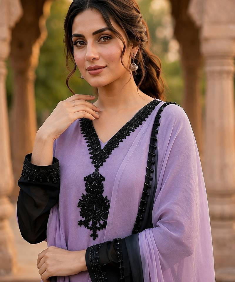 Lavender & black crepe silk beads sequence kurta pant set with dupatta