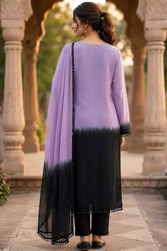 Lavender & black crepe silk beads sequence kurta pant set with dupatta