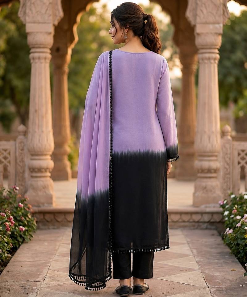 Lavender & black crepe silk beads sequence kurta pant set with dupatta