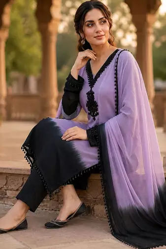 Lavender & black crepe silk beads sequence kurta pant set with dupatta