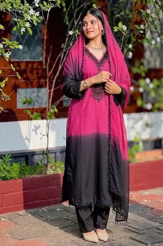 Pink & black crepe silk beads sequence kurta pant set with dupatta