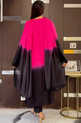 Pink & black crepe silk beads sequence kurta pant set with dupatta