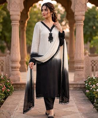 White & black crepe silk beads sequence kurta pant set with dupatta 1