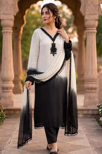 White & black crepe silk beads sequence kurta pant set with dupatta