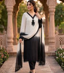 White & black crepe silk beads sequence kurta pant set with dupatta