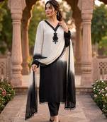 White & black crepe silk beads sequence kurta pant set with dupatta