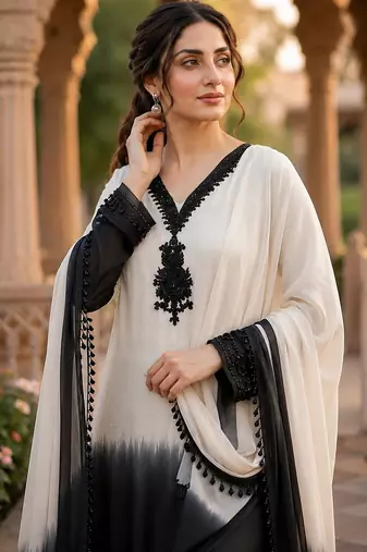 White & black crepe silk beads sequence kurta pant set with dupatta