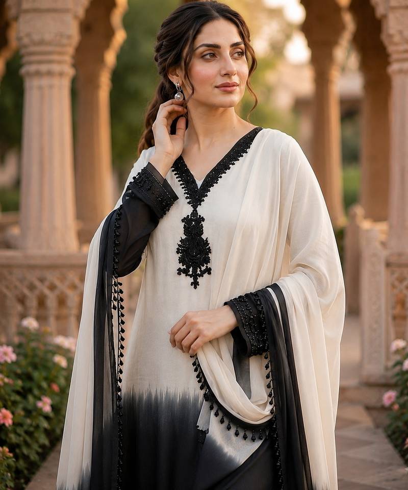 White & black crepe silk beads sequence kurta pant set with dupatta