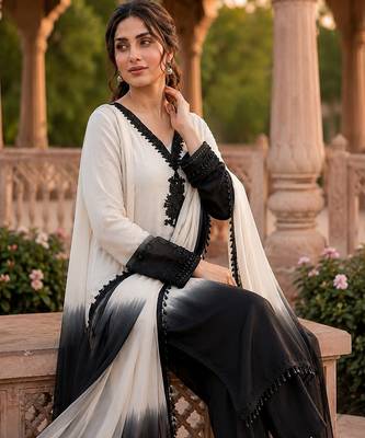 White & black crepe silk beads sequence kurta pant set with dupatta 3