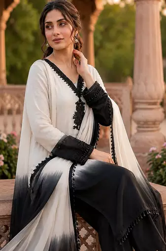 White & black crepe silk beads sequence kurta pant set with dupatta