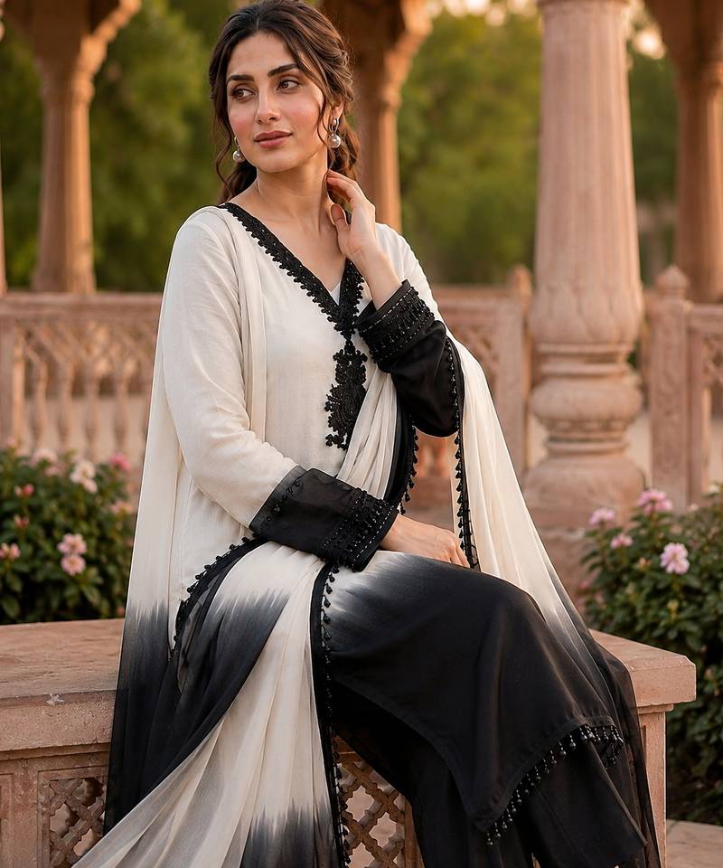 White & black crepe silk beads sequence kurta pant set with dupatta