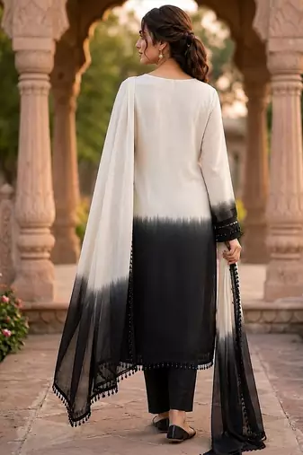 White & black crepe silk beads sequence kurta pant set with dupatta